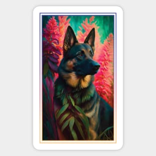 German Shepherd Dog Vibrant Tropical Flower Tall Digital Oil Painting Portrait  3 Sticker